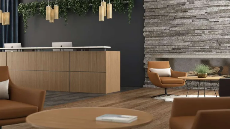 OFS Element reception desk with Lona chairs and Wyre table