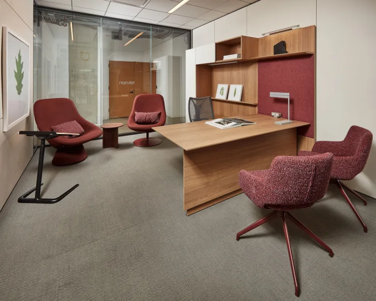 Teknion Expansion Casegoods Office with Jima Guest Chairs, Cosi Laptop Table, Gus Modern Odeon Side Table, Studio TK Pala Lounge Chairs