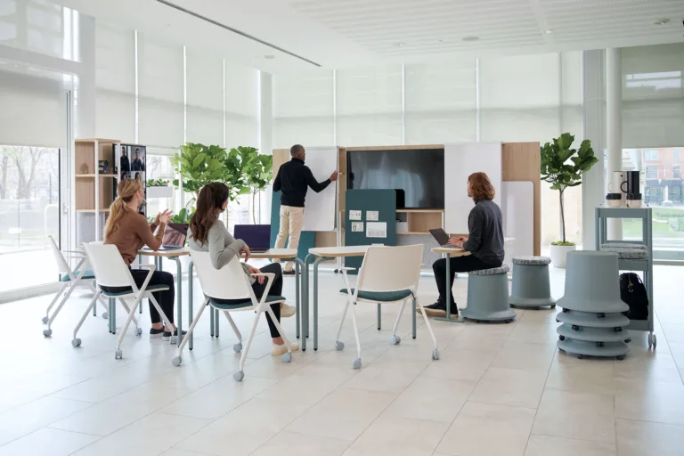 Teknion-Kiosk-mobile-boards-and-storage-Kupp-Chairs-Routes-Tables-and-stacking-stools
